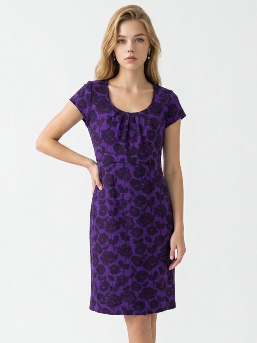New BODEN Uptown Jersey Sheath Dress Purple Floral Pleated Neckline Shift Work